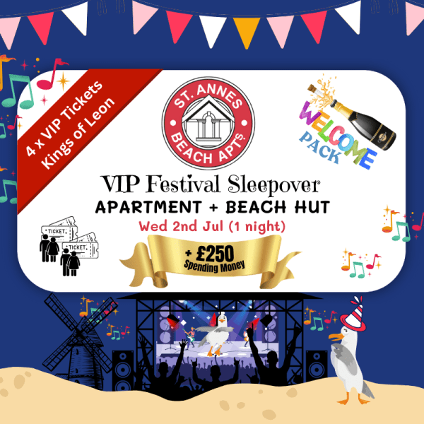 Competition prize bundle image featuring VIP tickets, seaview apartment, beach hut, and spending money